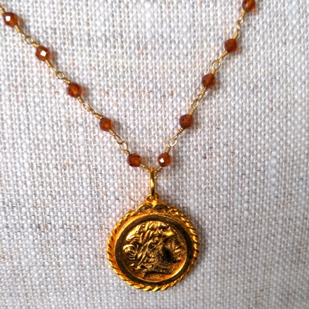 Gold Coin & Hessonite Garnet.Pendant Necklace 22 Karat gold plated coin New